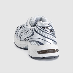 Asics trainer in Glacier Grey and Pure Silver, rear three-quarter view showing mesh upper, silver overlays, and white rubber sole.