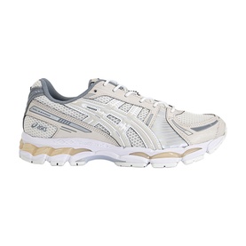 Asics Gel-Kayano 14 trainers in cream and smoke grey, mesh and synthetic upper, chunky white midsole with tan accents