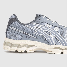 Asics GEL-Kayano trainer in Piedmont Grey Gravel, featuring mesh upper, silver branding, and chunky cream sole