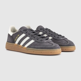 Adidas Handball Spezial trainers in Grey Strata with off-white three stripes, cream sole, and gum outsole.