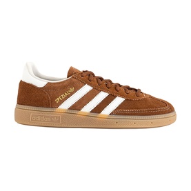 Adidas Handball Spezial trainers in dusky bronze and off-white, three white stripes, gold branding, gum rubber sole