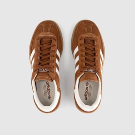 Adidas trainers in Dusky Bronze and Off-White, suede upper with three white stripes, gum rubber sole, overhead flat lay view