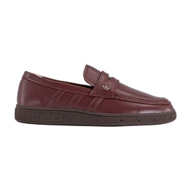 Adidas fox brown and dark brown leather loafer with three-stripe detail and brown rubber sole, side view.