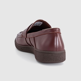 Adidas loafer in fox brown leather, rear view showing dark brown rubber sole and strap detail.