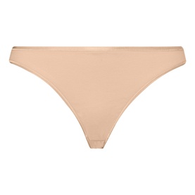 Hanro beige thong brief with smooth fabric finish and slim waistband, shown flat against white background.