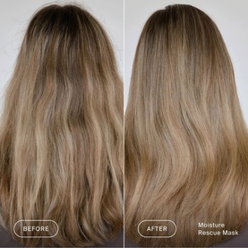 Living Proof Moisture Rescue Mask before and after treatment result showing improved smoothness and hydration on long blonde hair.