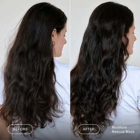 Living Proof Moisture Rescue Mask before and after result on long dark wavy hair, showing improved hydration and definition