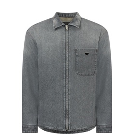 Prada black denim casual shirt with zip-through front, chest patch pocket, and spread collar