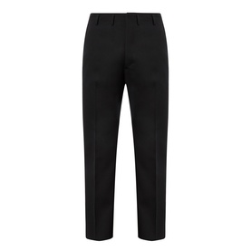 Prada Gabardine Tailored Trousers in black, slim-leg with pressed creases, belt loops, and concealed fastening. 100% virgin wool.