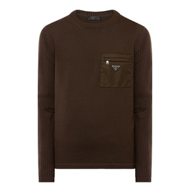 Prada brown virgin wool crew neck jumper with nylon zip chest pocket and signature triangle logo badge