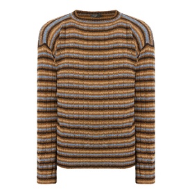 Prada rust striped wool crew neck jumper with ribbed texture and raglan sleeves, in multicolour horizontal stripe pattern