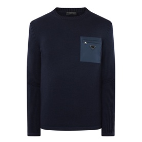 Prada Triangle Logo Patch Pocket Sweater in blue wool knit, crew neck, ribbed trims, nylon chest zip pocket with triangle logo plaque