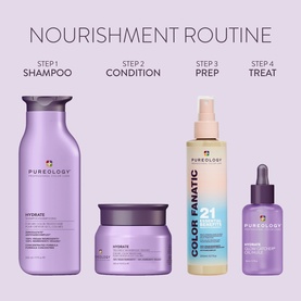 Pureology Hydrate Hair Treatment Mask shown in a 4-step nourishment routine with shampoo, conditioner, colour prep spray and treatment