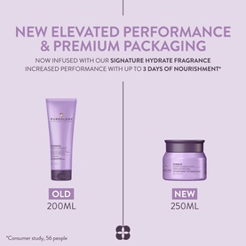 Pureology Hydrate Hair Treatment Mask comparison showing old 200ml and new 250ml purple packaging with elevated performance messaging.