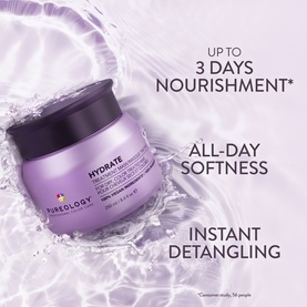 Pureology Hydrate Hair Treatment Mask in purple jar, shown with water splash, highlighting 3-day nourishment and detangling benefits
