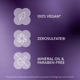 Pureology Hydrate Hair Treatment Mask: 100% vegan, ZeroSulfate, mineral oil and paraben-free icons on purple background.
