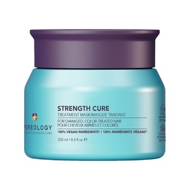 Pureology Strength Cure Hair Treatment Mask in a teal jar with purple lid, 250ml, for damaged colour-treated hair