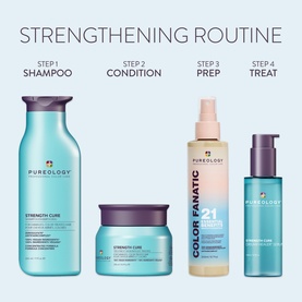 Pureology Strength Cure 4-step strengthening routine: shampoo, conditioning mask, Color Fanatic prep spray, and hair treatment displayed together.