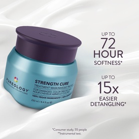 Pureology Strength Cure Hair Treatment Mask in teal jar with purple lid, claiming up to 72-hour softness and 15x easier detangling