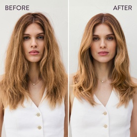 Before and after showing Pureology Strength Cure Hair Treatment Mask results: frizzy dry hair transformed to smooth, shiny, voluminous blowout