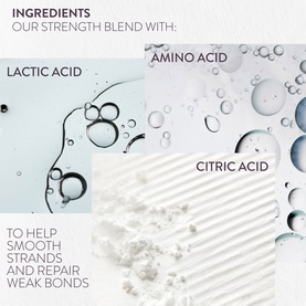 Pureology Strength Cure Hair Treatment Mask ingredient infographic highlighting Lactic Acid, Amino Acid, and Citric Acid to smooth strands and repair