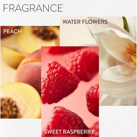 Pureology Strength Cure Hair Treatment Mask fragrance notes: peach, sweet raspberry, and water flowers illustrated with ingredient imagery.