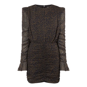 Rotate dress in Mole Comb leopard print, long ruched sleeves with frill cuffs, structured shoulders, mini length, 100% polyester