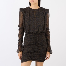 Model wearing Rotate mini dress in Mole Comb, leopard print ruched skirt, sheer long sleeves with keyhole neckline and shoulder detail