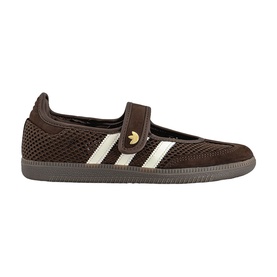 Adidas Samba Mary Jane trainer in dark brown mesh and suede with cream stripes, gold buckle strap, and grey gum sole.