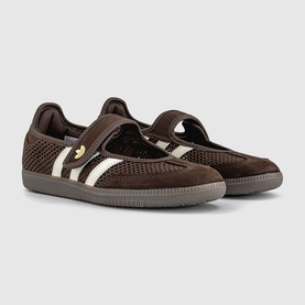 Dark brown knit and suede trainers with cream stripe, gold logo detail, Mary Jane strap, and grey rubber sole