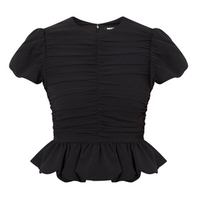 Rotate black ruched short-sleeve peplum top with puff sleeves and back zip fastening, in polyester blend fabric