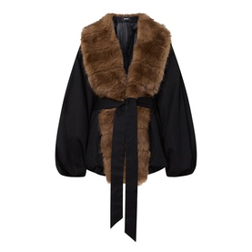 Rotate black jacket with brown faux fur lapel collar, balloon sleeves, and self-tie belt