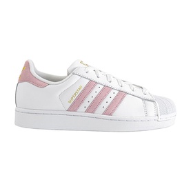 Adidas Superstar trainers in white and clear pink, featuring three-stripe detail, shell toe, and white sole
