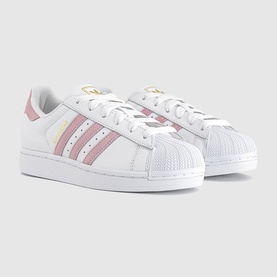 Adidas Superstar trainers in white with clear pink three stripes, shell toe, white laces and gold heel detail