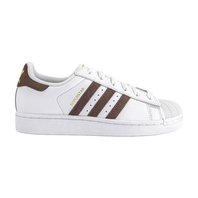 Adidas Superstar trainer in white with earth brown suede three stripes, white shell toe and sole, gold branding detail