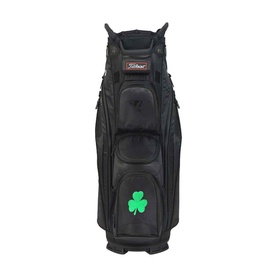 Titleist black golf cart bag with green shamrock embroidery, multiple pockets, top dividers, and carry handle