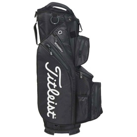 Titleist golf cart bag in black with white logo branding, multiple zip pockets, and structured top divider