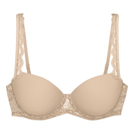 Triumph Full Cup Bra in skin tone with smooth moulded cups and delicate floral lace straps and side panels