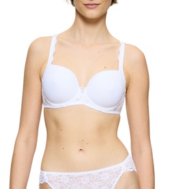 Model wearing Triumph Full Cup Bra in white with lace trim detailing, styled with matching white lace briefs.