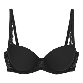 Triumph black full cup bra with smooth moulded cups and delicate lace detailing on sides, straps and underwired band