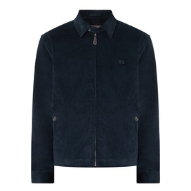 Wales Bonner Drew Logo Corduroy Jacket in Navy, point collar, front zip, welt pockets, tonal logo embroidery, corduroy finish