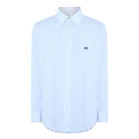 Wales Bonner Atlantic Logo Striped Shirt in cornflower blue, long sleeves, point collar, front button fastening, contrast logo embroidery