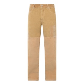 Wales Bonner camel cotton chino trousers with contrast patchwork panels at knees, straight-leg fit, flat lay