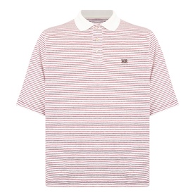 Wales Bonner ivory and wine striped linen polo shirt with white collar and small logo embroidery at chest.