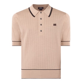 Wales Bonner camel mohair wool polo shirt with dark navy tipping, ribbed knit texture, three-button placket and embroidered logo patch