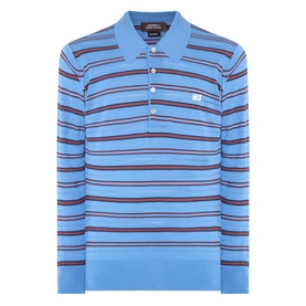 Wales Bonner Beam Logo Striped Polo Sweater in chambray blue with burgundy and navy stripes, long sleeves, polo collar and embroidered logo