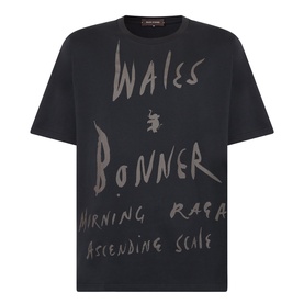 Wales Bonner black cotton T-shirt with tonal handwritten "Wales Bonner Morning Raga Ascending Scale" graphic print to front