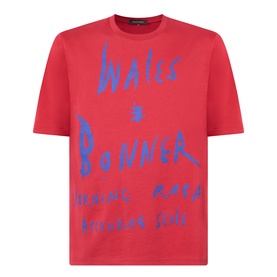 Wales Bonner Raga Logo T-Shirt in Rooibois red with blue handwritten logo lettering, crew neck, short sleeves, straight hem