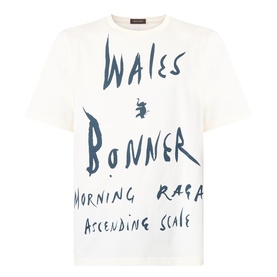 Wales Bonner ivory cotton T-shirt with navy blue handwritten Morning Raga Ascending Scale graphic print, crew neck, short sleeves.