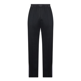 Wales Bonner Form Logo Track Pants in black with contrast stripe detailing, pressed pleats, and elasticated logo waistband, straight-leg silhouette